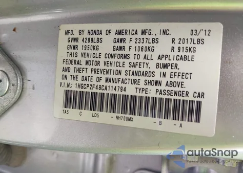 2012 Honda Accord 2.4 Lx-P z USA, uszkodzony, nr VIN 1HGCP2F48CA114794